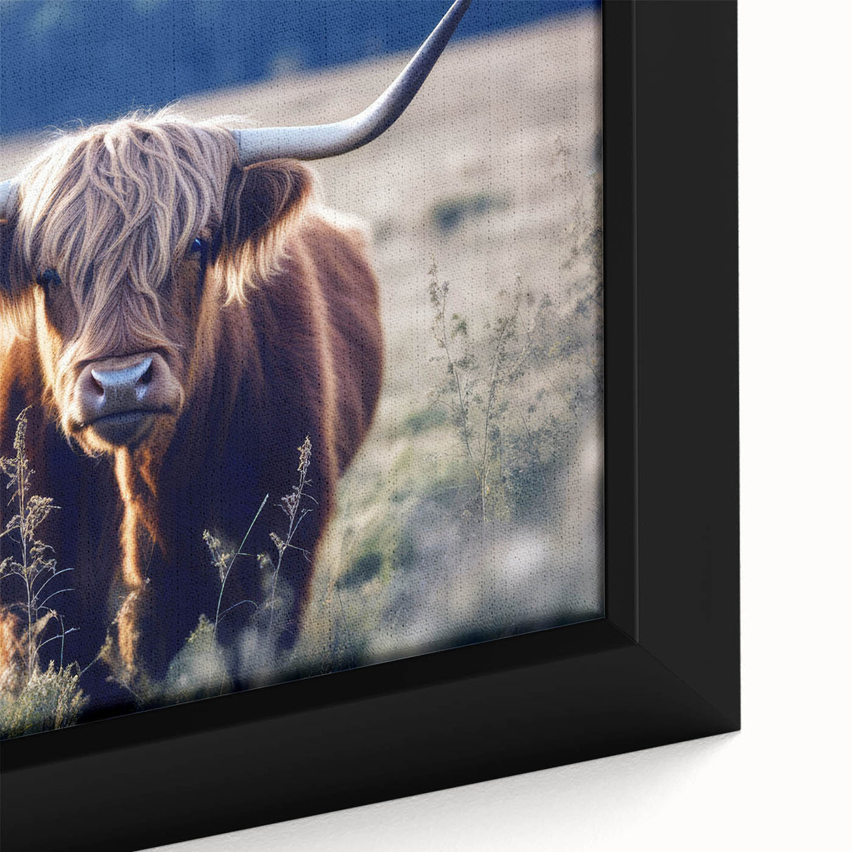 Textured black wall art featuring a Scottish landscape on a framed canvas, ideal for a spacious living room ambiance.