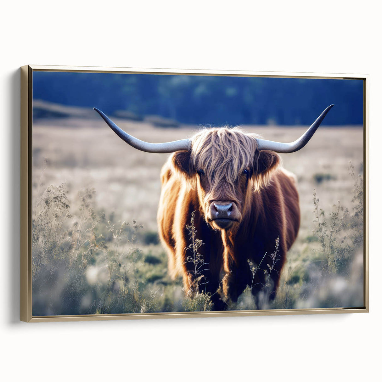 Framed canvas featuring a vintage-style landscape painting of a Scottish scenery in muted gold and black tones.