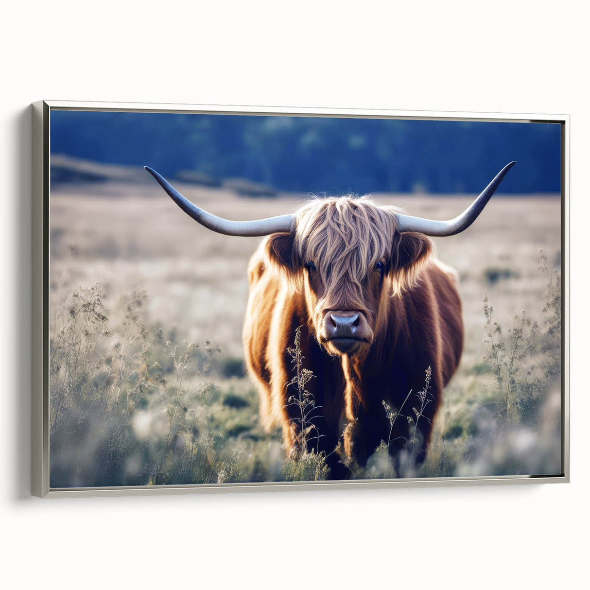Landscape art painting of a Scottish scenery on framed canvas, featuring muted green and blue tones.