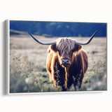 Vintage poster art of a Scottish landscape on extra large framed canvas, featuring colorful art in muted tones.