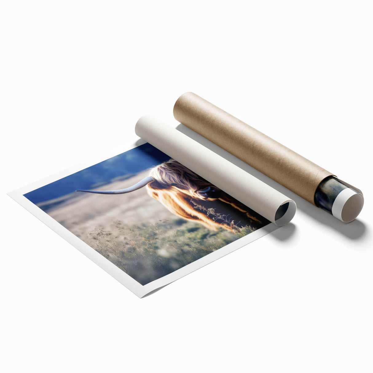 Extra large rolled print of a serene Scottish landscape in muted green and blue tones, ideal for classy bathroom wall art.