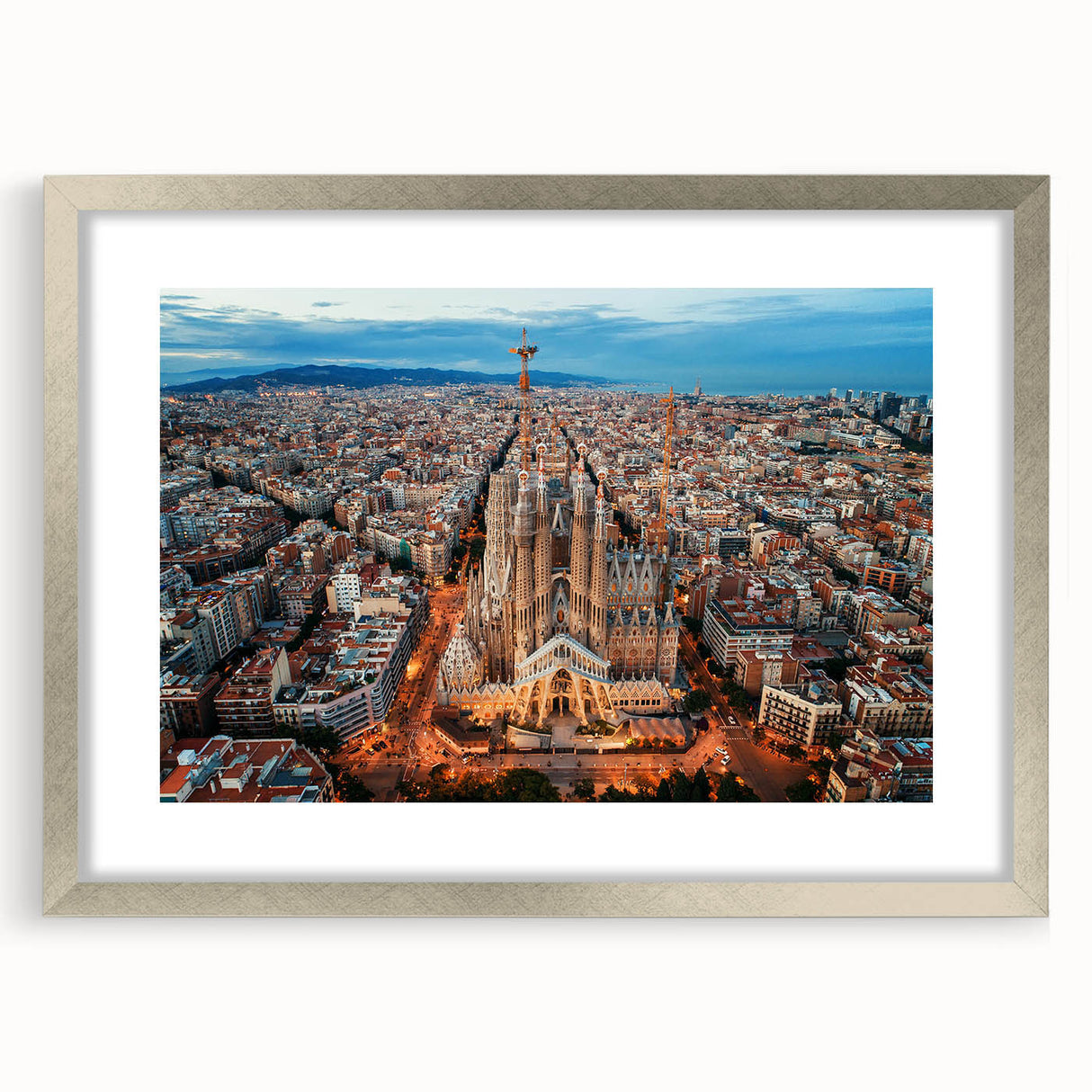 Extra large abstract art print of Barcelona scenery in textured style on silver-framed canvas, suited for living room decor.