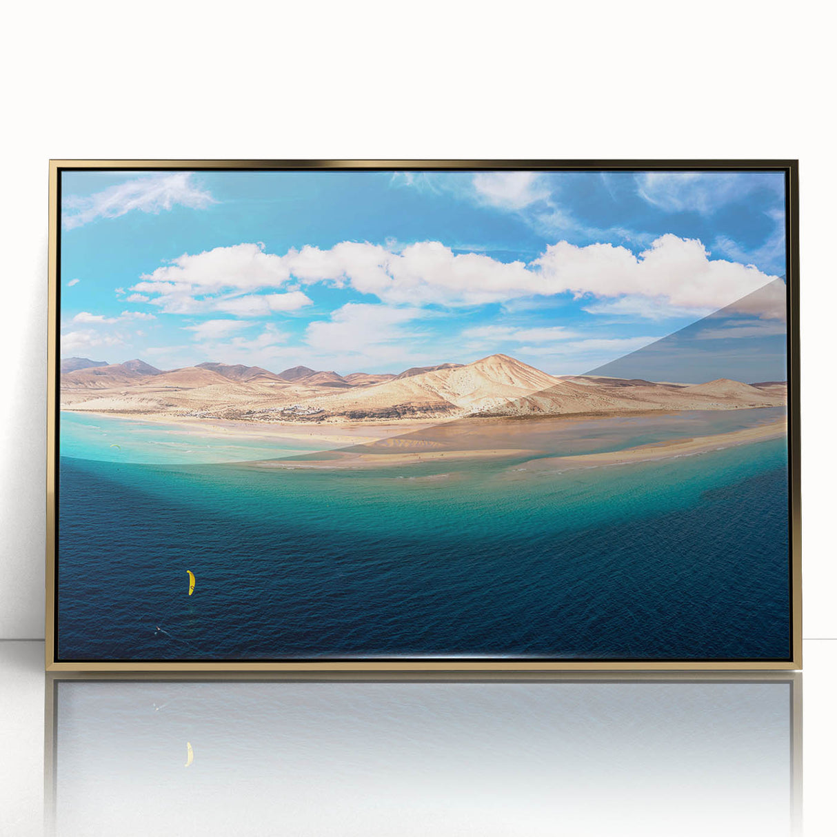 Art Deco poster of a scenic Canary Islands view in muted gold and blue tones, framed acrylic.