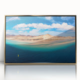 Art Deco poster of a scenic Canary Islands view in muted gold and blue tones, framed acrylic.