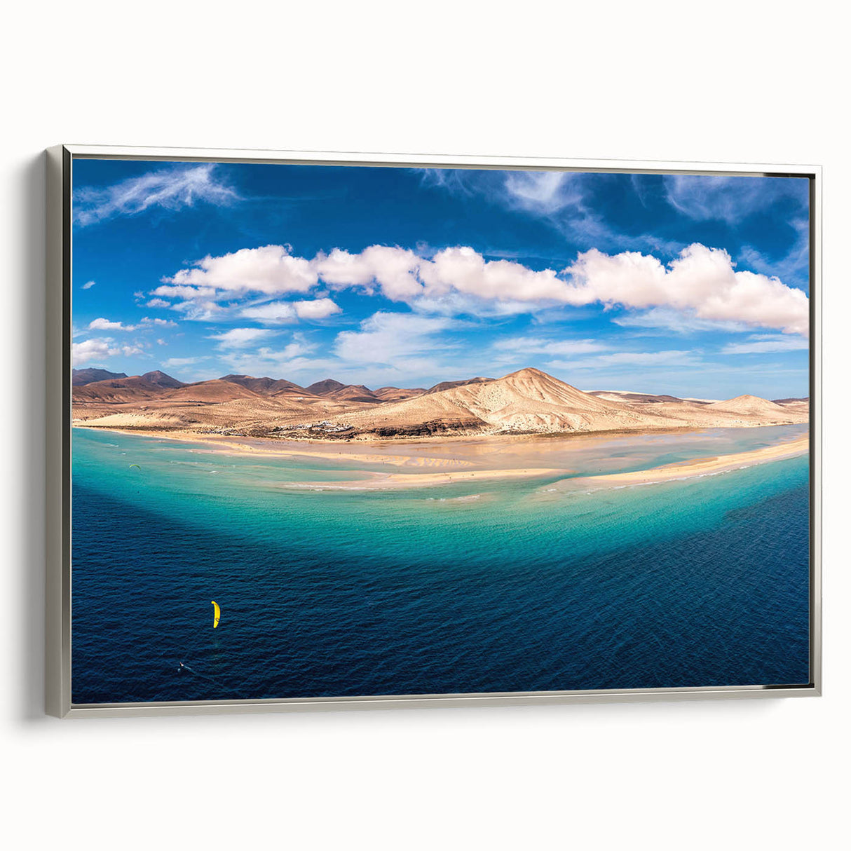Framed canvas of a vintage-style landscape painting depicting colorful Spanish scenery, ideal for living room decor.