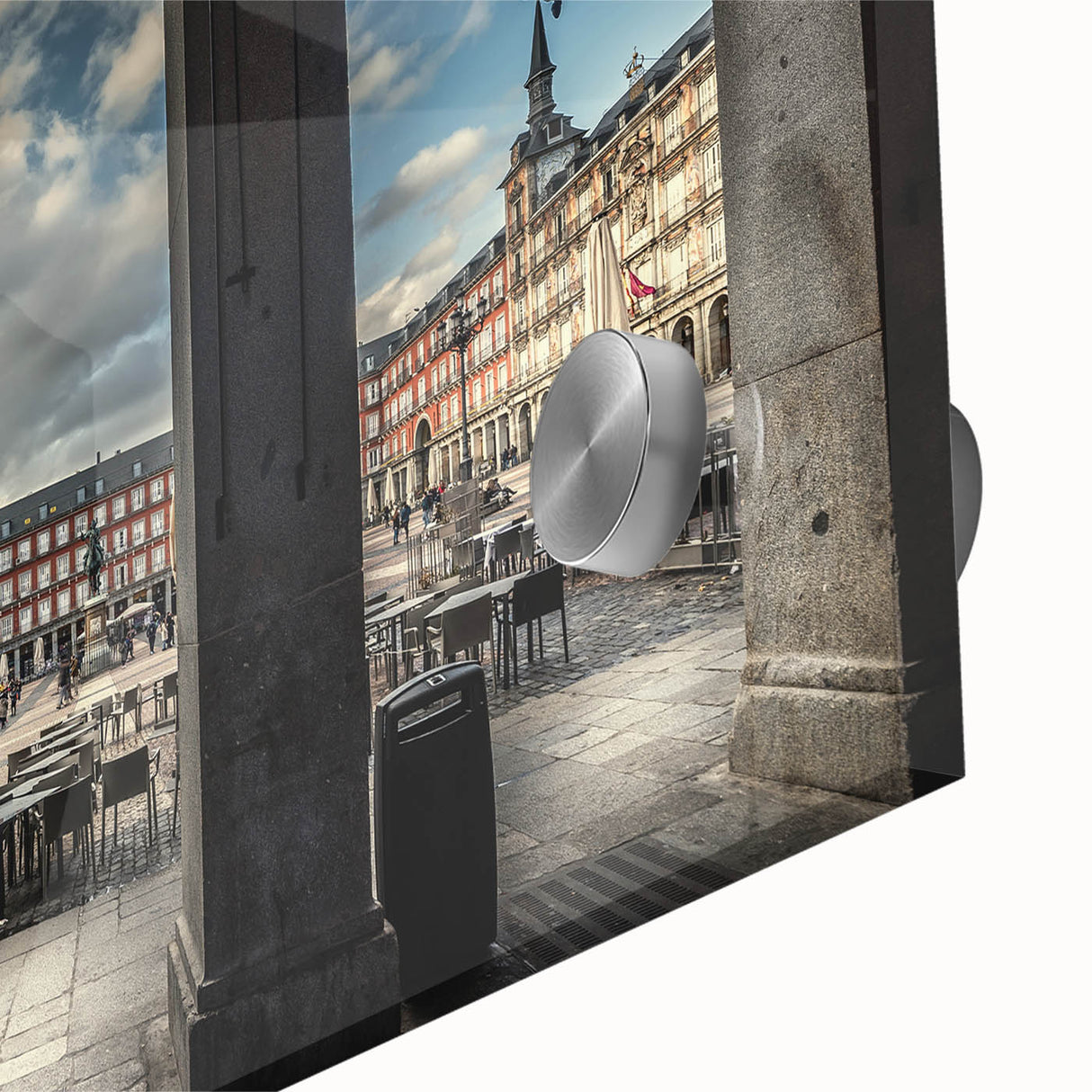 Large abstract depiction of Madrid in muted earth tones on acrylic glass, suitable as dining room art.