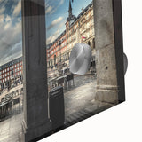 Large abstract depiction of Madrid in muted earth tones on acrylic glass, suitable as dining room art.