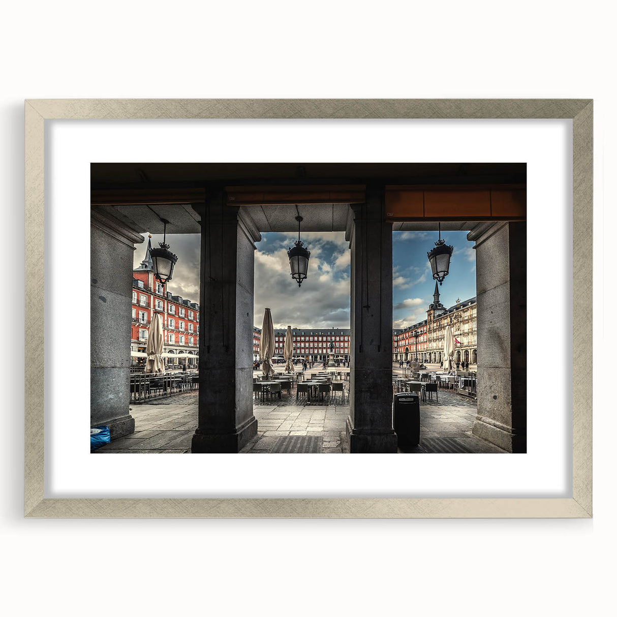 Textured abstract art print of Madrid scenery in muted earth tones on a framed silver mat, ideal for bedroom art.