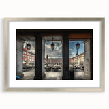 Textured abstract art print of Madrid scenery in muted earth tones on a framed silver mat, ideal for bedroom art.