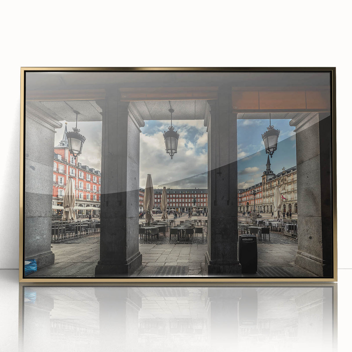 Large art print of Madrid scenery in muted earth tones on a gold framed acrylic, ideal for modern art wall decor.