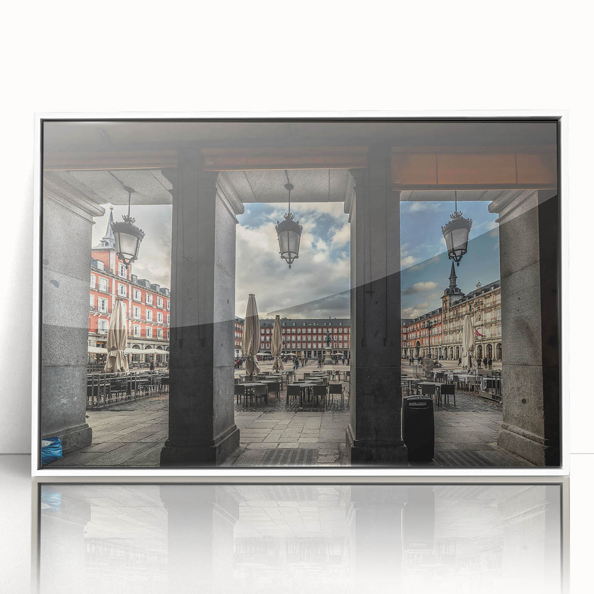 Art deco poster of Madrid skyline in muted gray and blue tones on white framed acrylic, ideal for modern art wall decor.