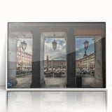 Art deco poster of Madrid skyline in muted gray and blue tones on white framed acrylic, ideal for modern art wall decor.
