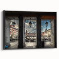 Black and white framed canvas of Madrid landscape in vintage poster style, suitable for bedroom decor.