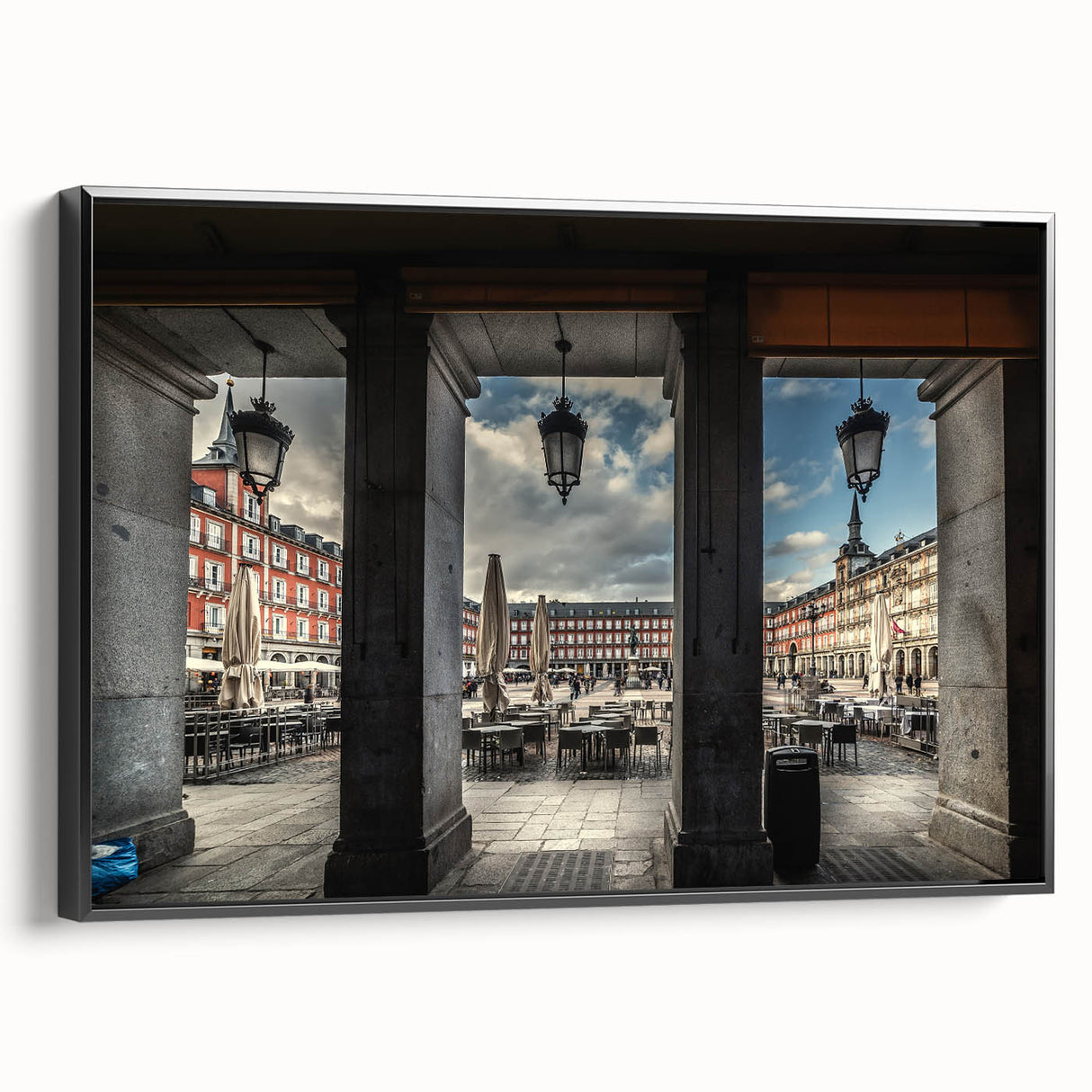 Black and white framed canvas of Madrid landscape in vintage poster style, suitable for bedroom decor.