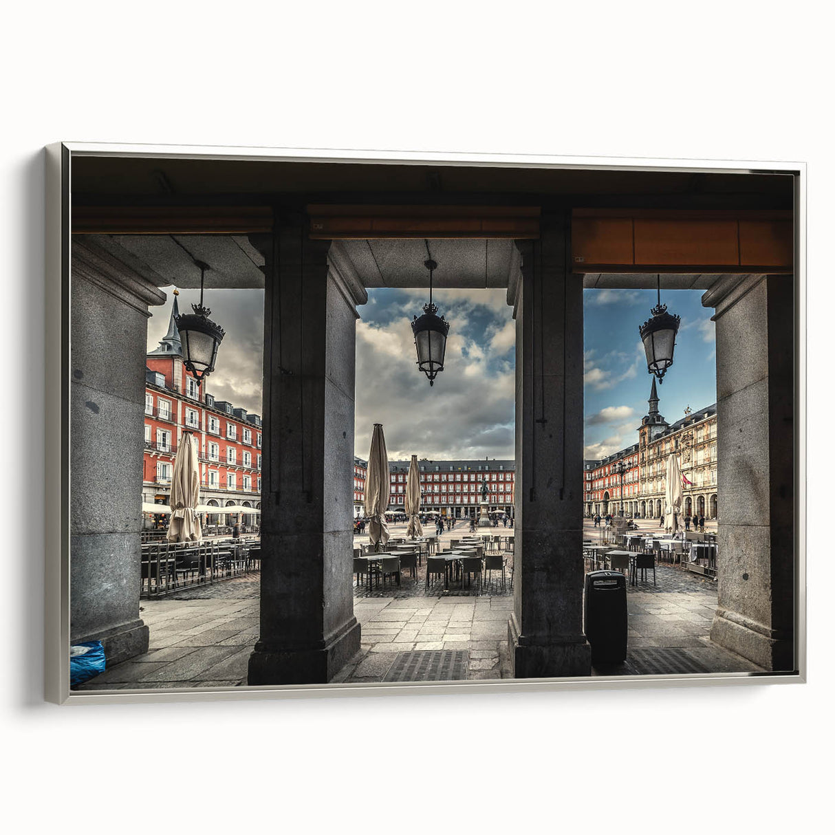 Landscape art painting of Madrid with colorful buildings and a black sky, printed on a framed canvas.