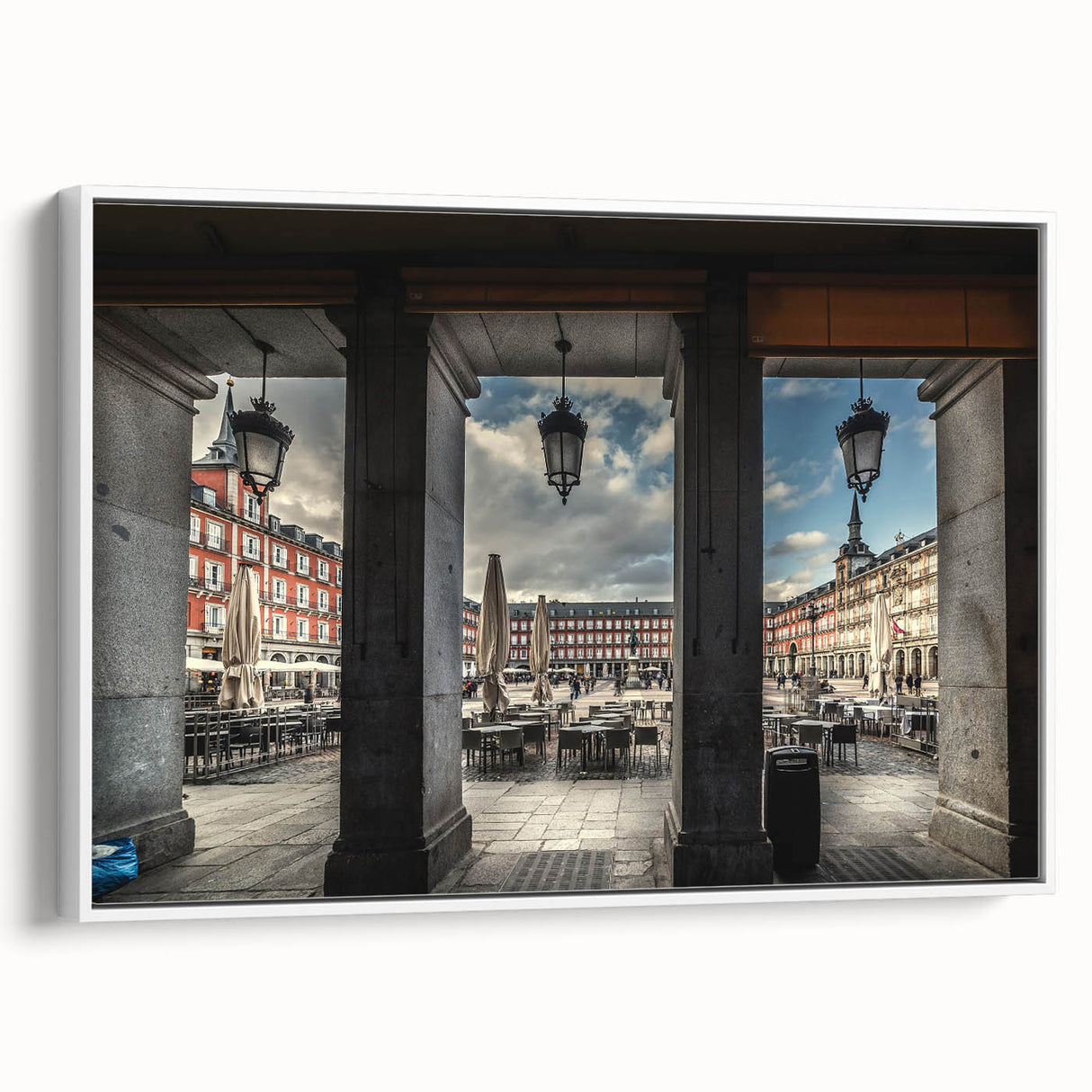 Vintage poster art of Madrid scenery in colorful tones on extra large white-framed canvas, ideal for living room decor.