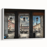 Vintage poster art of Madrid scenery in colorful tones on extra large white-framed canvas, ideal for living room decor.