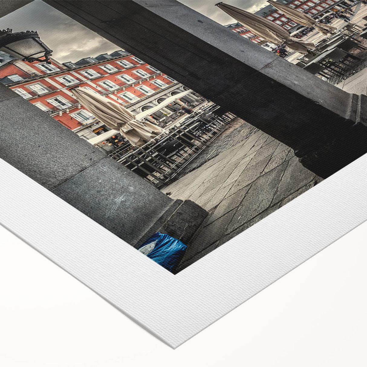 Art deco poster of Madrid skyline in muted earth tones on rolled canvas, suitable for dining room wall art.