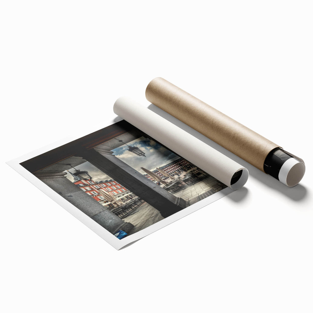 Rolled print of Madrid scenery with vibrant floral accents, ideal for art wall dining room.