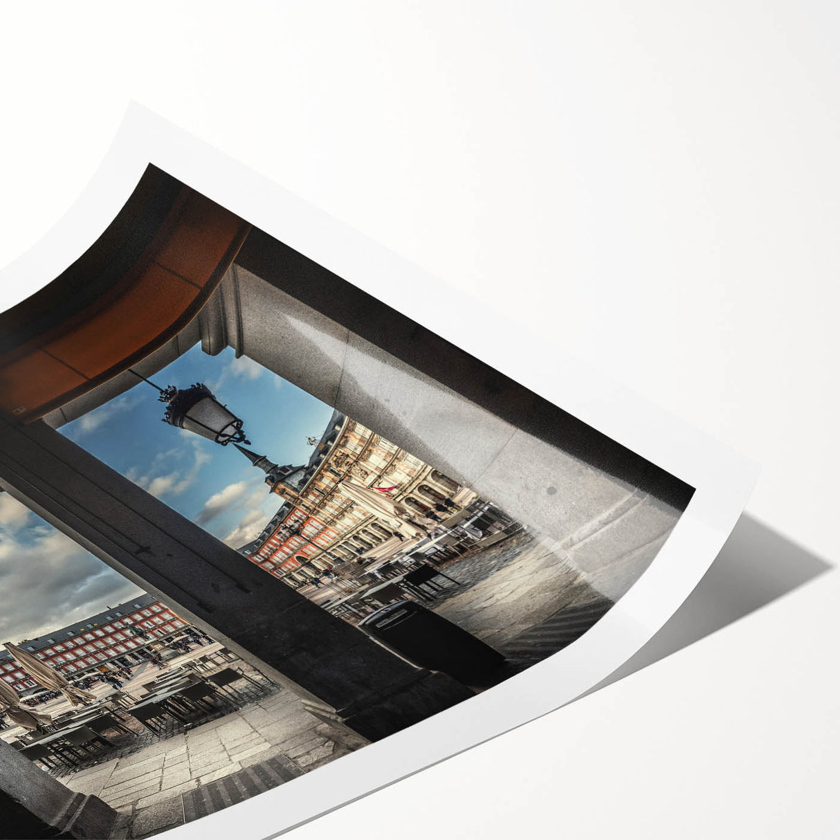 Extra large rolled print of Madrid scenery with vibrant floral accents, ideal for classy bathroom wall art.