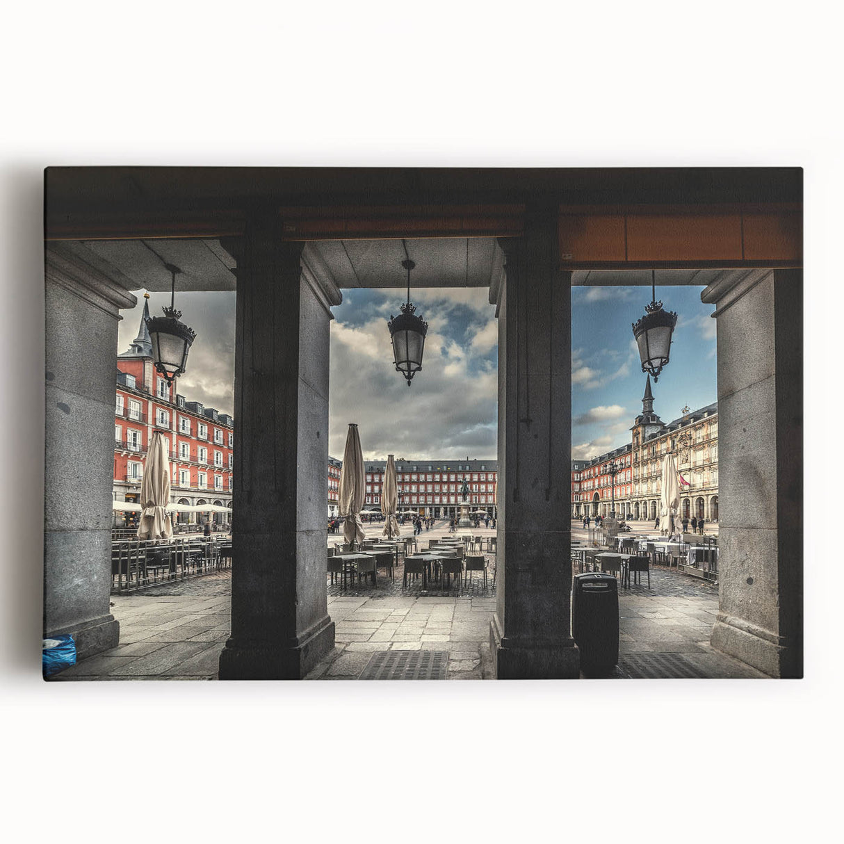 Black and white stretched canvas of Madrid skyline, ideal for kitchen wall art.