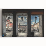Black and white stretched canvas of Madrid skyline, ideal for kitchen wall art.