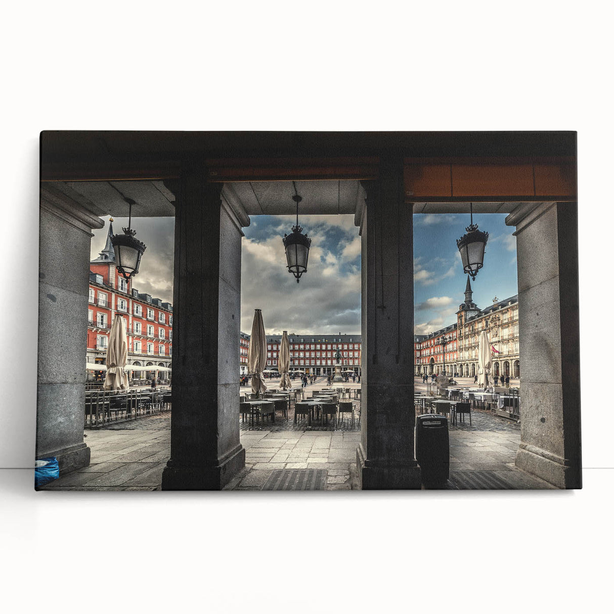 Black and white large art print of Madrid scenery on stretched canvas, ideal for kitchen wall art or bedroom decor.