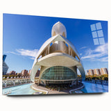 Large abstract wall art depicting a vibrant Valencia scenery in mid-century modernist style on acrylic glass.