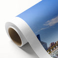Art Deco poster of Valencia scenery on rolled canvas, with vibrant colors, ideal for nursery wall art or dining room.