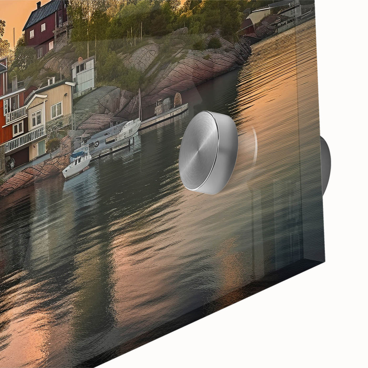 Large abstract wall art of Stockholm's skyline in muted blue tones on acrylic glass, ideal for dining room ambiance.