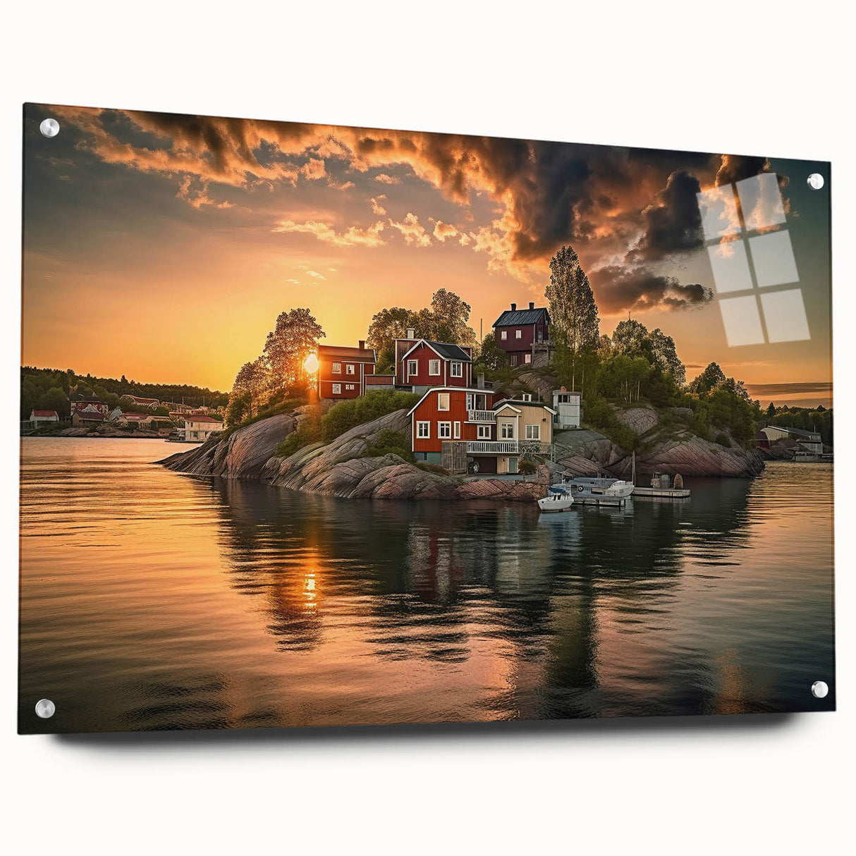 Acrylic print of Stockholm's cityscape with muted blue and grey tones, suitable for bedroom or dining room decor.