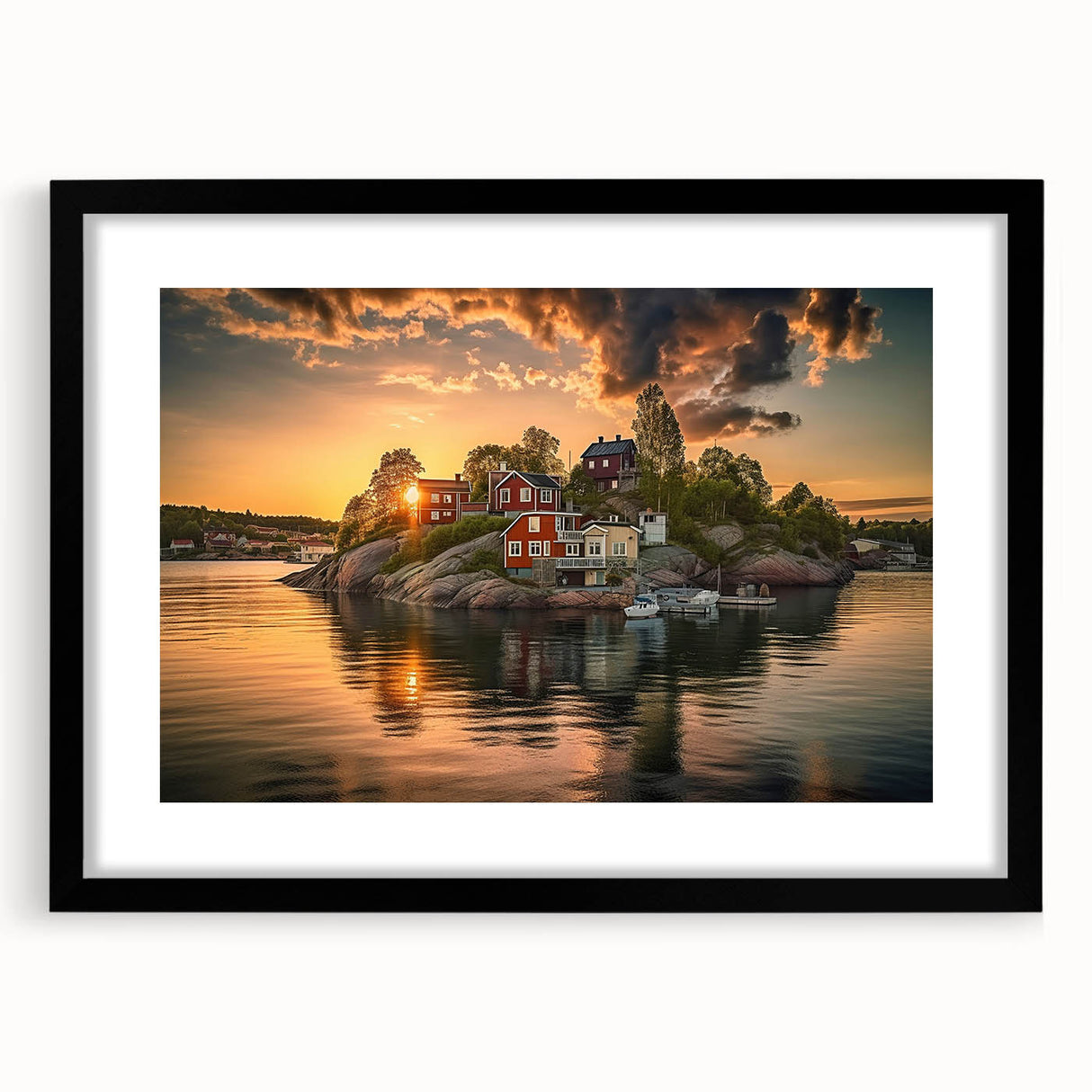 Extra large colorful abstract art print of Stockholm scenery on textured canvas, framed in black.