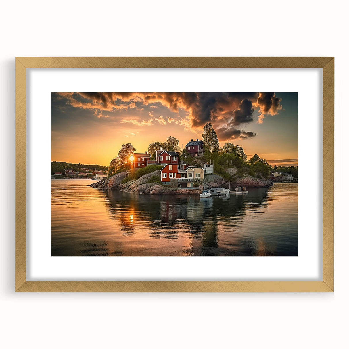 Extra large wall art featuring abstract depiction of Stockholm in textured tones of gold and blue, framed with a gold mat.