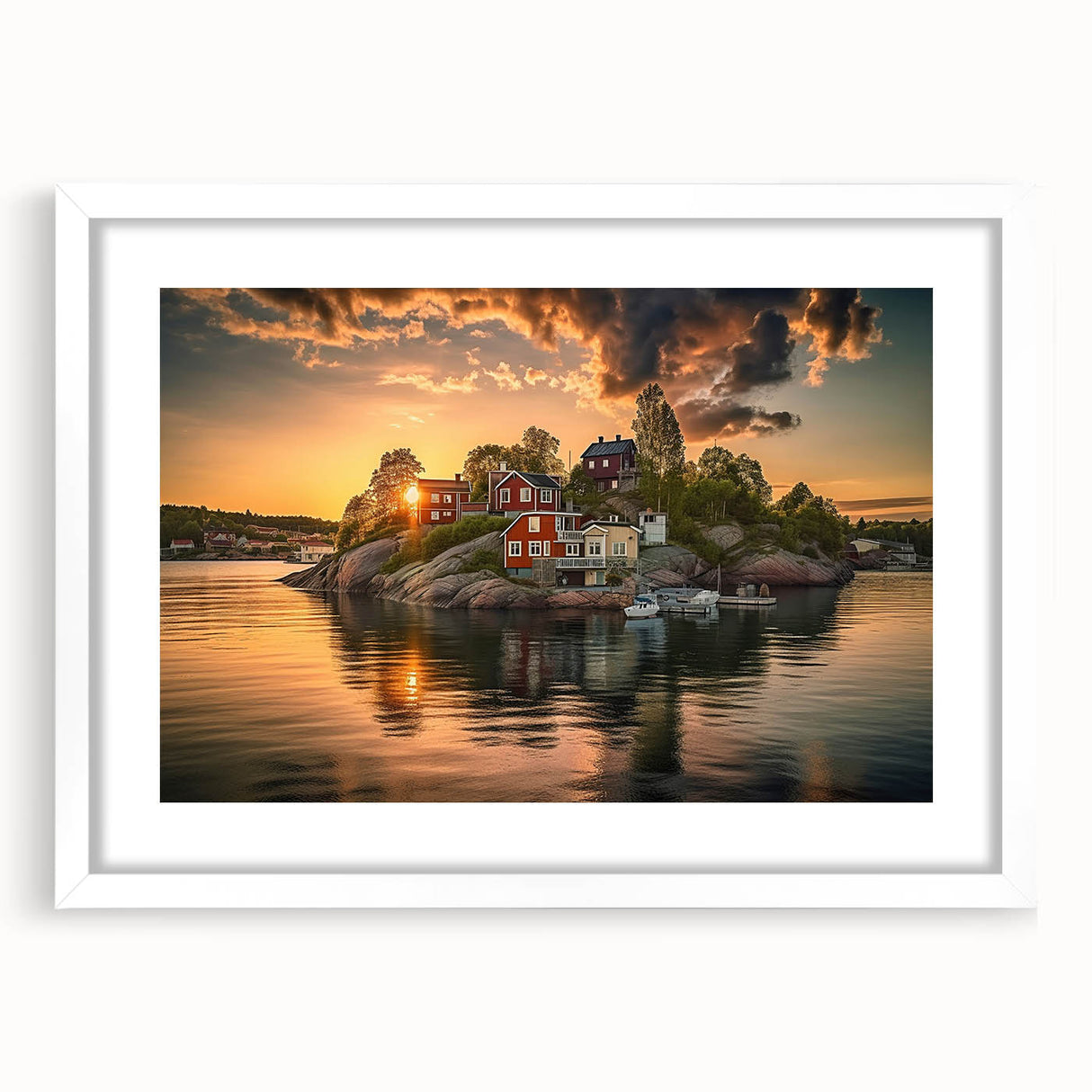 Abstract art print of Stockholm skyline in muted gray and blue tones on a white framed canvas.