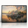 Large abstract wall art featuring Stockholm scenery in muted gray and blue tones on a framed acrylic print.