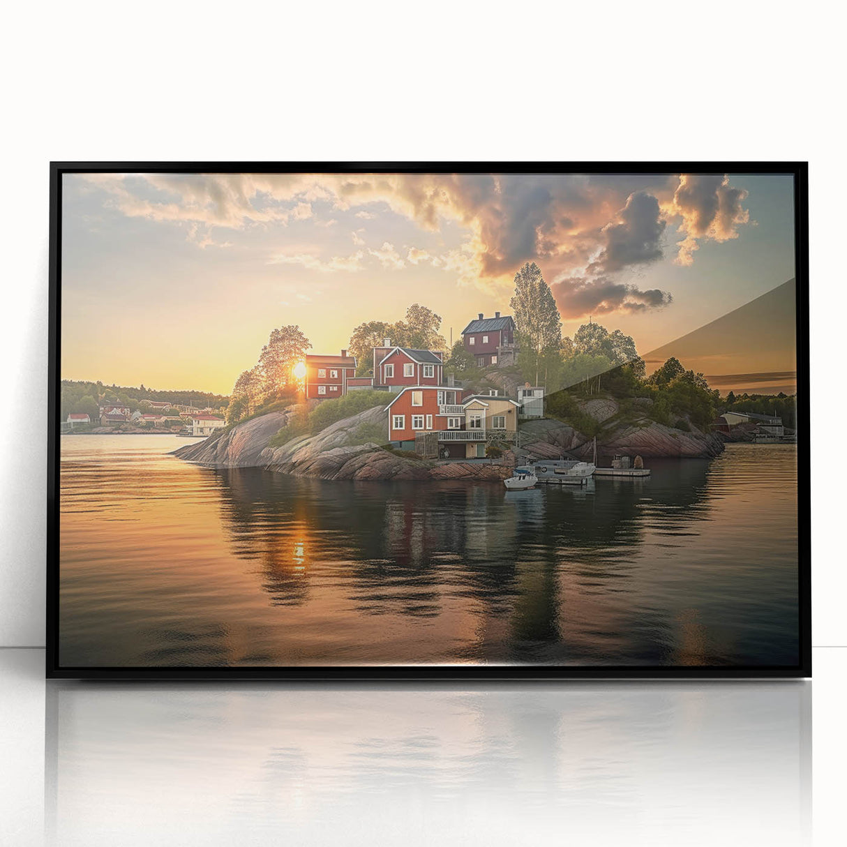 Large abstract wall art featuring Stockholm scenery in muted gray and blue tones on a framed acrylic print.