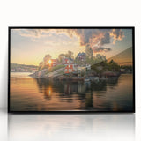 Large abstract wall art featuring Stockholm scenery in muted gray and blue tones on a framed acrylic print.