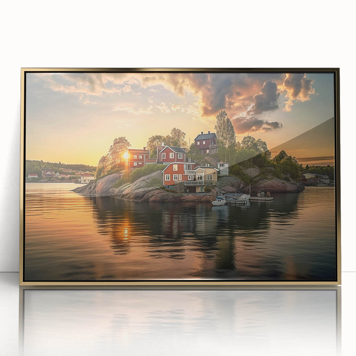 Framed acrylic print of Stockholm scenery in mid-century modernist style with gold accents.