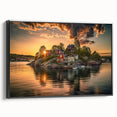 Black and white framed canvas of Stockholm landscape in vintage poster style, suitable for bedroom decor.