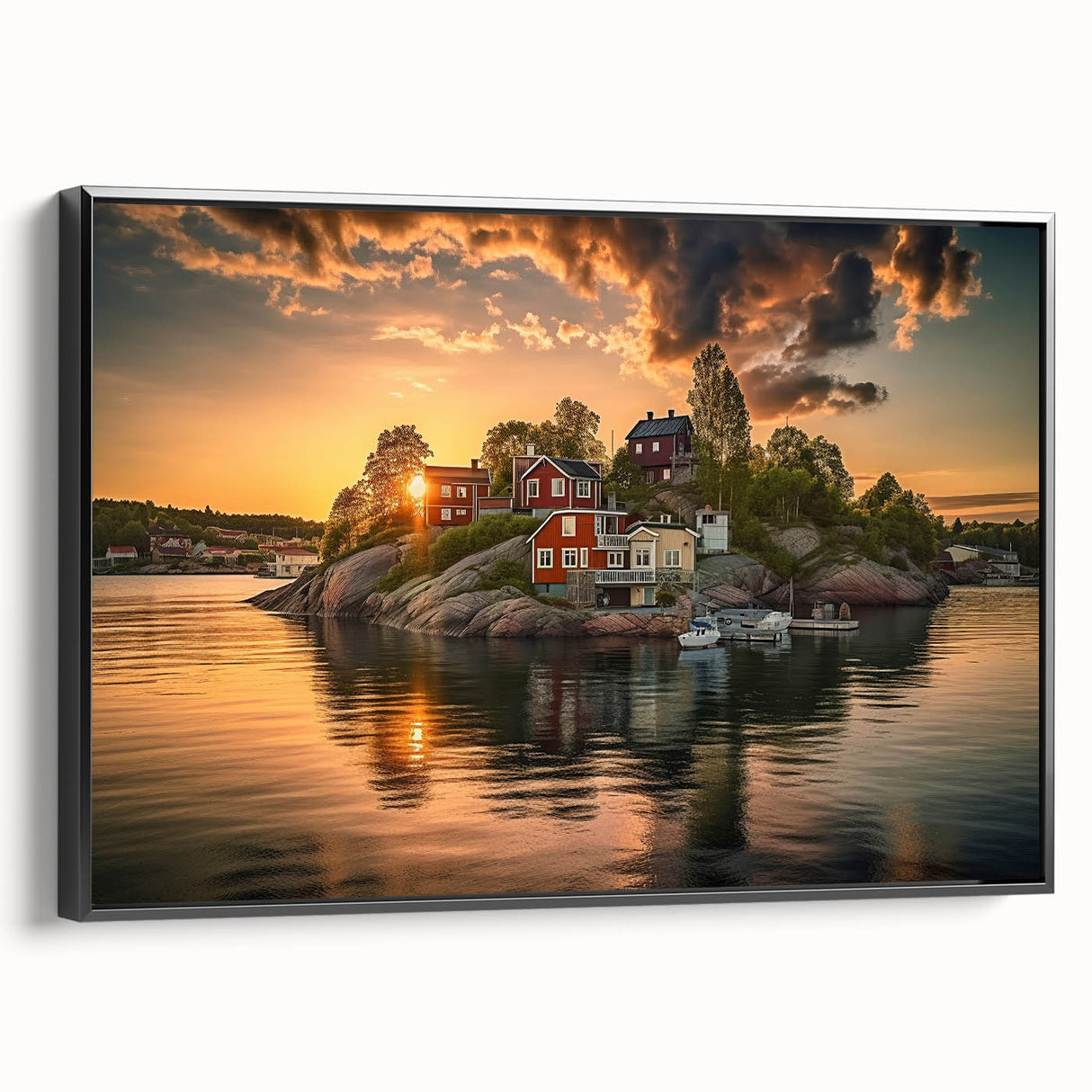 Black and white framed canvas of Stockholm landscape in vintage poster style, suitable for bedroom decor.