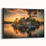 Black and white framed canvas of Stockholm landscape in vintage poster style, suitable for bedroom decor.