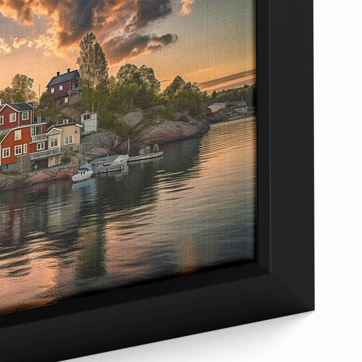 Extra large framed canvas of a textured Stockholm scenery in black with colorful accents, ideal for living room decor.