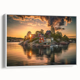 Vintage poster art of Stockholm featuring colorful buildings on a black background, framed canvas.