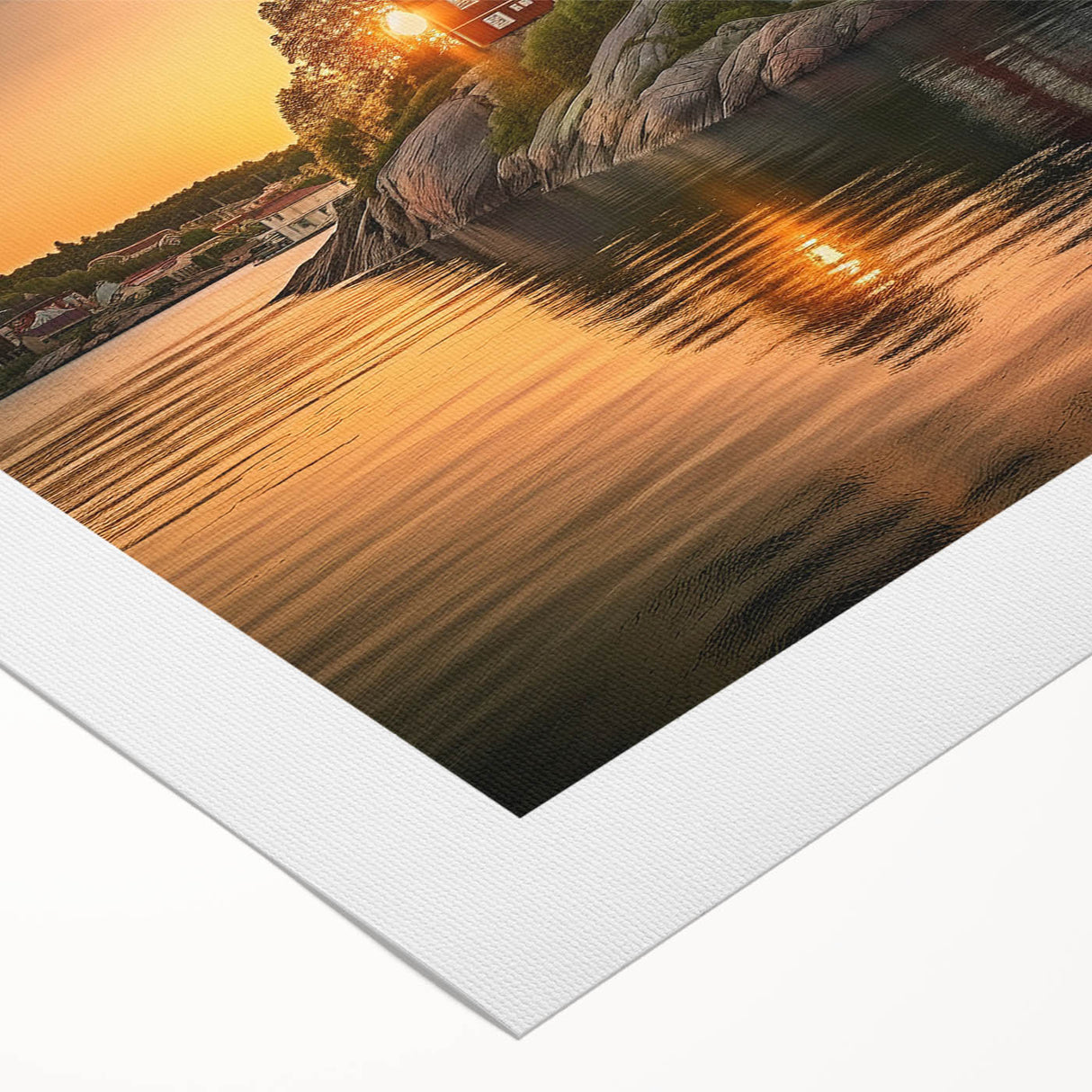 Art Deco poster of Stockholm skyline with muted blue and beige tones on rolled canvas, suitable for dining room decor.