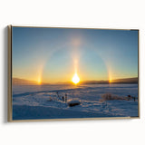 Framed canvas depicting a serene Swedish landscape in muted earth tones, ideal for bedroom wall decor.