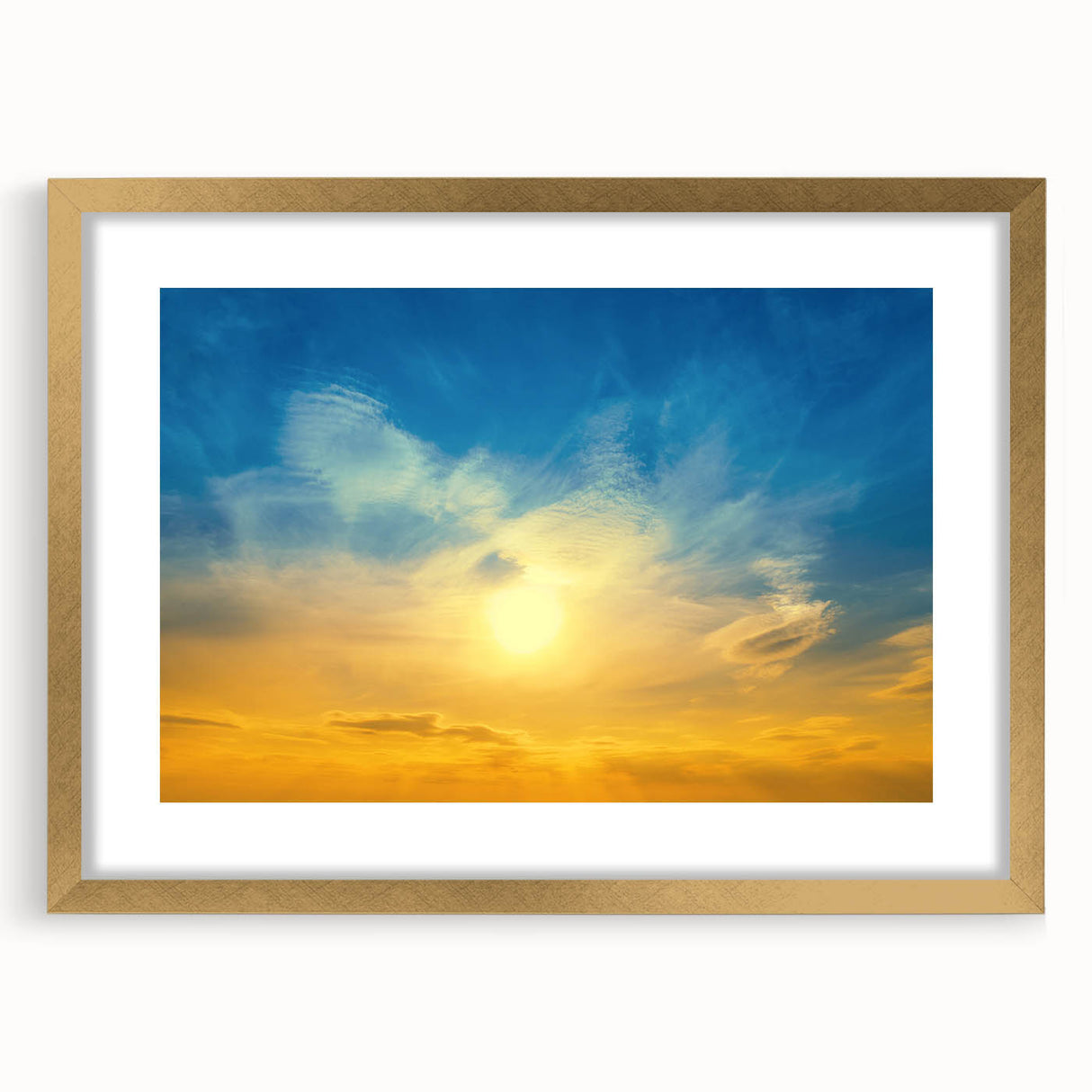 Extra large abstract art print of a textured European landscape in muted earth tones, framed in gold.