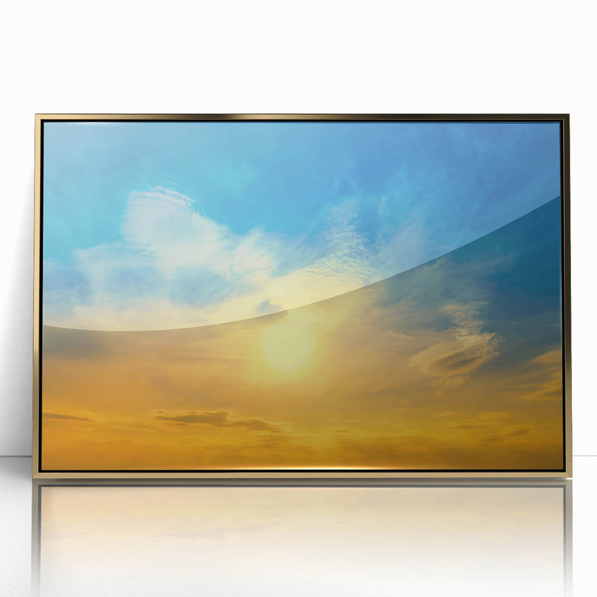 Large art print of a serene Ukrainian landscape in muted earth tones, framed in gold acrylic.