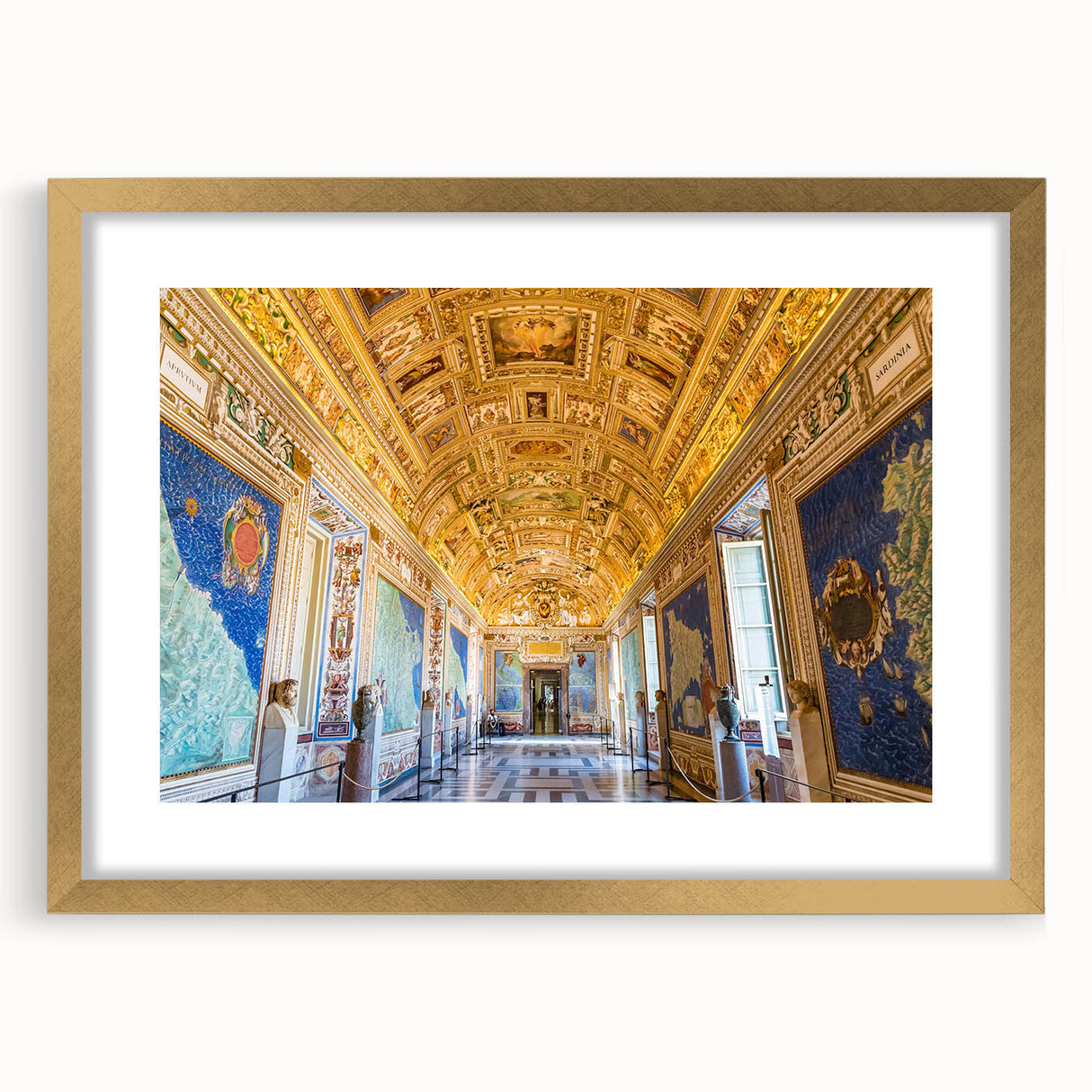 Extra large abstract art print of Vatican scenery in gold frame, with textured details, suited for living room decor.