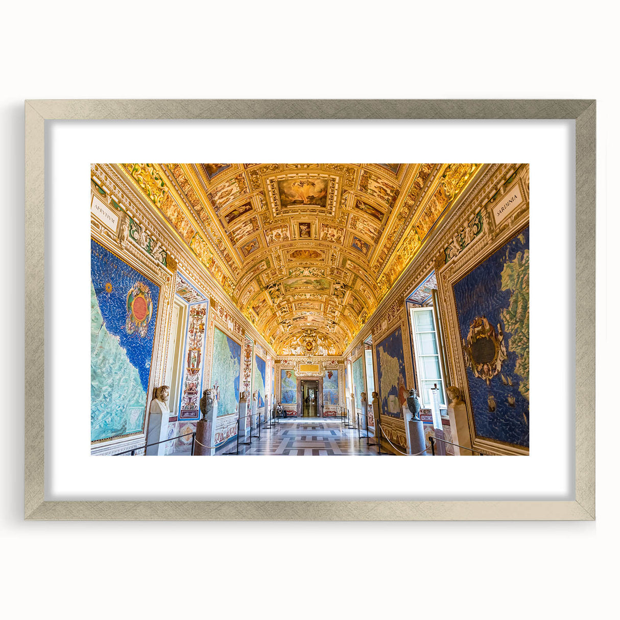 Textured art print of the Vatican scenery in muted earth tones on a framed silver mat, suitable for bedroom decor.