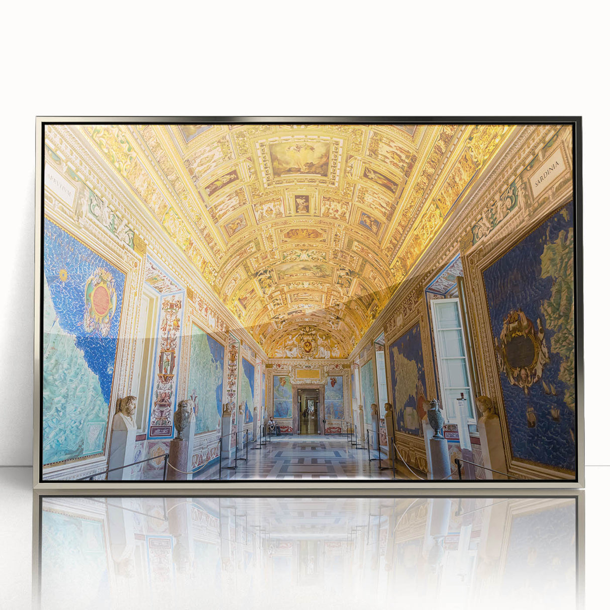 Mid-century modernist art of the Vatican scenery in muted earth tones on a silver-framed acrylic print.